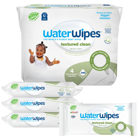 WaterWipes Plastic-Free Textured Clean, Toddler & Baby Wipes, 99.9% Water Based Wipes, Unscented & Hypoallergenic for Sensitive Skin, 60 Count (12 packs), Packaging May Vary