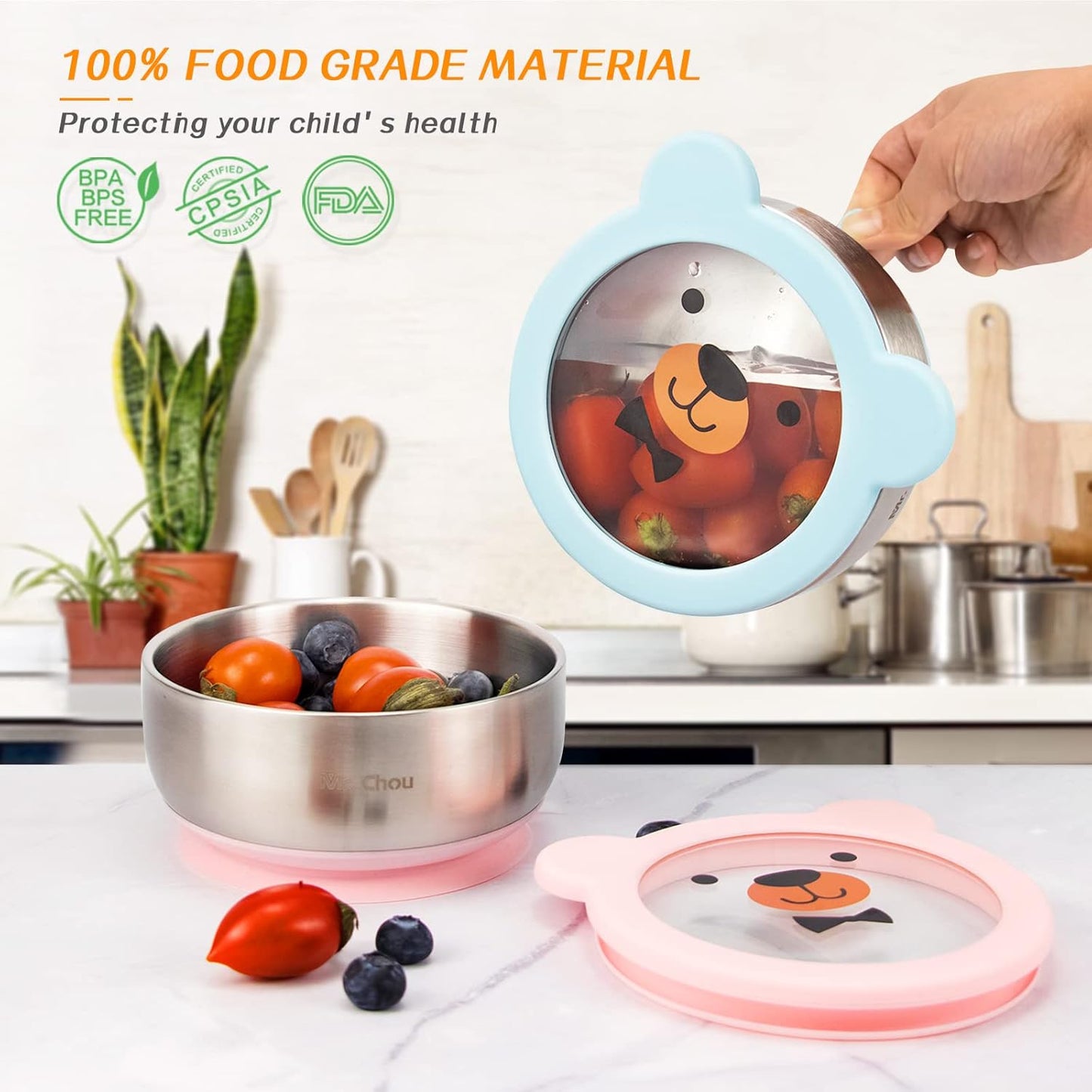 MR. CHOU Baby Bowls with Non-Slip Silicone Suction Cup, Insulated Double-Layer 304 Stainless Steel Toddler Bowls with BPA Free Airtight Lids, Food-Grade Silicone Safe for Kids (Blue)