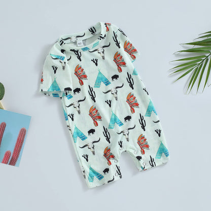 Gueuusu Country Baby Clothes Boy Girl Western Cow Print Short Sleeve Romper Bodysuit Ribbed One Piece Jumpsuit Summer Outfit