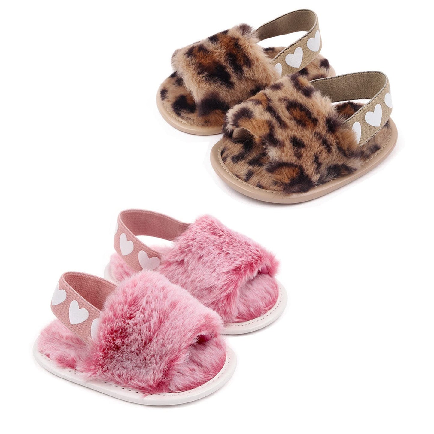 2 Pack Infant Baby Girls Sandals Elastic Back Strap Flats Slippers Soft Toddles Princess Shoes Faux Fur Slides Shoes First Walker House Shoes