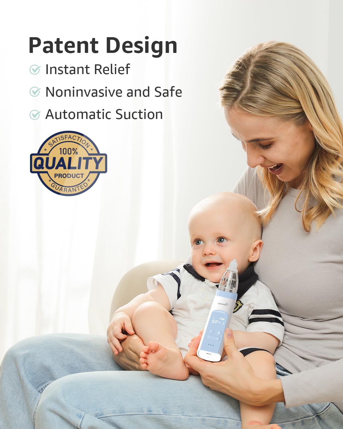 GROWNSY Nasal Aspirator for Baby, Electric Nose Aspirator for Toddler, Baby Nose Sucker, Automatic Nose Cleaner with 3 Silicone Tips, Adjustable Suction Level, Music and Light Soothing Function