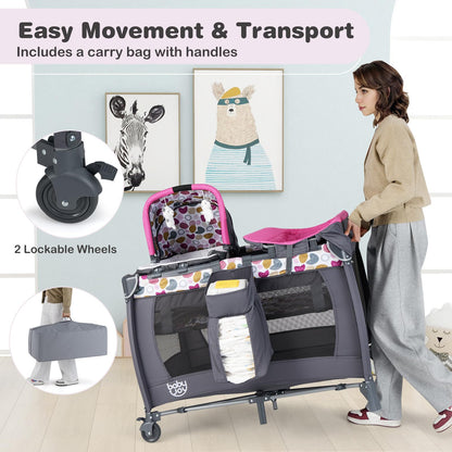 BABY JOY 5 in 1 Pack and Play, Portable Baby Playard w/Bassinet & Diaper Changing Table, Infant Pink Bassinet Crib with Toys & Music & Oxford Bag for Baby Girl Toddlers (Pink + Purple, Starry Sky)