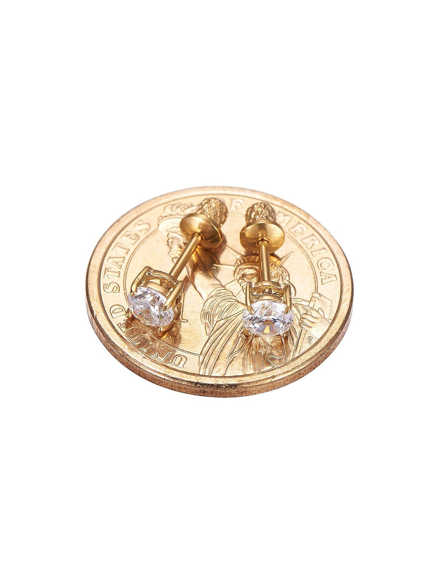 Earrings for Girls, 18k Yellow Gold Plated CZ Hypoallergenic Stud Earrings - Screw On Safety Backs, Stainless Steel Posts for Kids, Toddlers, Teens