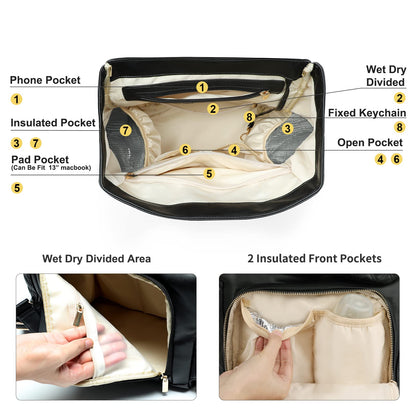 miss fong Diaper Bag Backpack Baby Diaper Bag for baby boy and girls, Leather Baby Bag with 13 diaper bag organizing pouches, Changing Pad, Stroller Straps and 4 Insulated Pockets(Black)