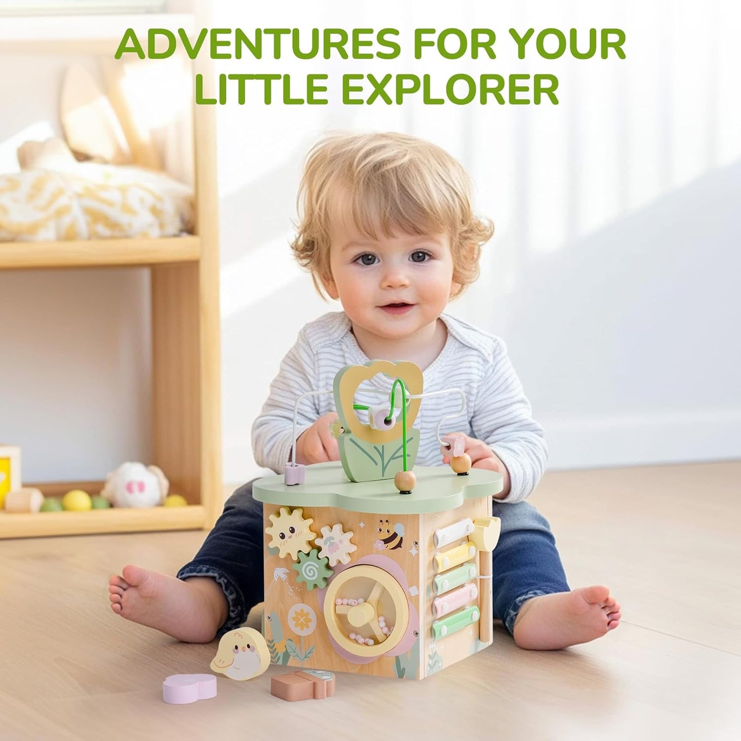 ROBUD Wooden Activity Cube, Educational Wooden Toys with 7 Functional Areas, Montessori Toys for 1+ Year Old Boys & Girls, Flower Bush Theme