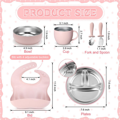 Nuogo 6 Pcs 304 Stainless Steel Kids Plates and Bowls Set Stainless Steel Suction Bowls and Toddler Cup with Removable Silicone, Forks Spoons Pocket Bib for Baby Toddle(Pink,Round)