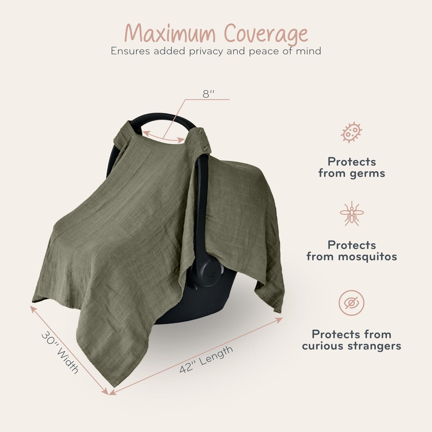 Car Seat Cover Baby - Organic Cotton - Carseat Covers Baby - Carseat Cover - Car Seat Canopy - Carseat Canopy - 100% Muslin Cotton, 43" x 32" (Soft Grey)