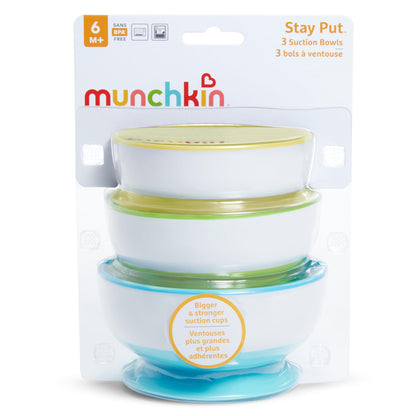 Munchkin Stay Put Suction Bowls for Baby and Toddler, 3 Pack, Blue/Green/Purple