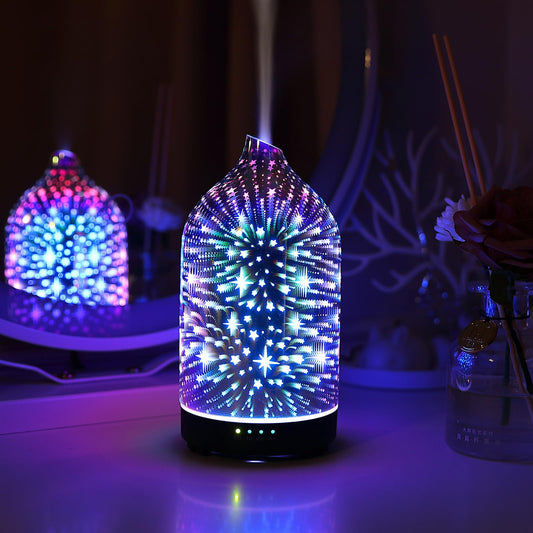 Essential Oil Diffuser Hand Blown Glass Aromatherapy Diffuser - Ultrasonic Cool Mist Scent Aroma Diffuser, Whisper Quiet with Auto Shut-Off, Timer Setting &7 Colors Night Light for Home