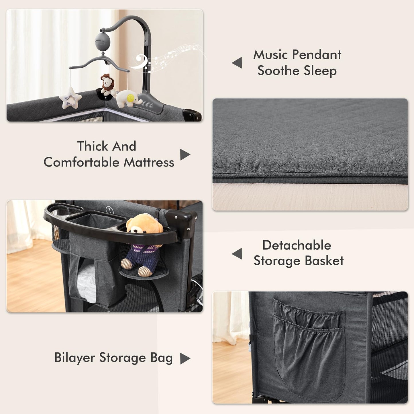 ANGELBLISS 5 in 1 Baby Bassinet, Bedside Crib & Playpen, Pack and Play Bassinet with Diaper Changer and Removable Rocker, Easy Folding Portable Crib with Mobile, Sheet & Mattress (Grey)