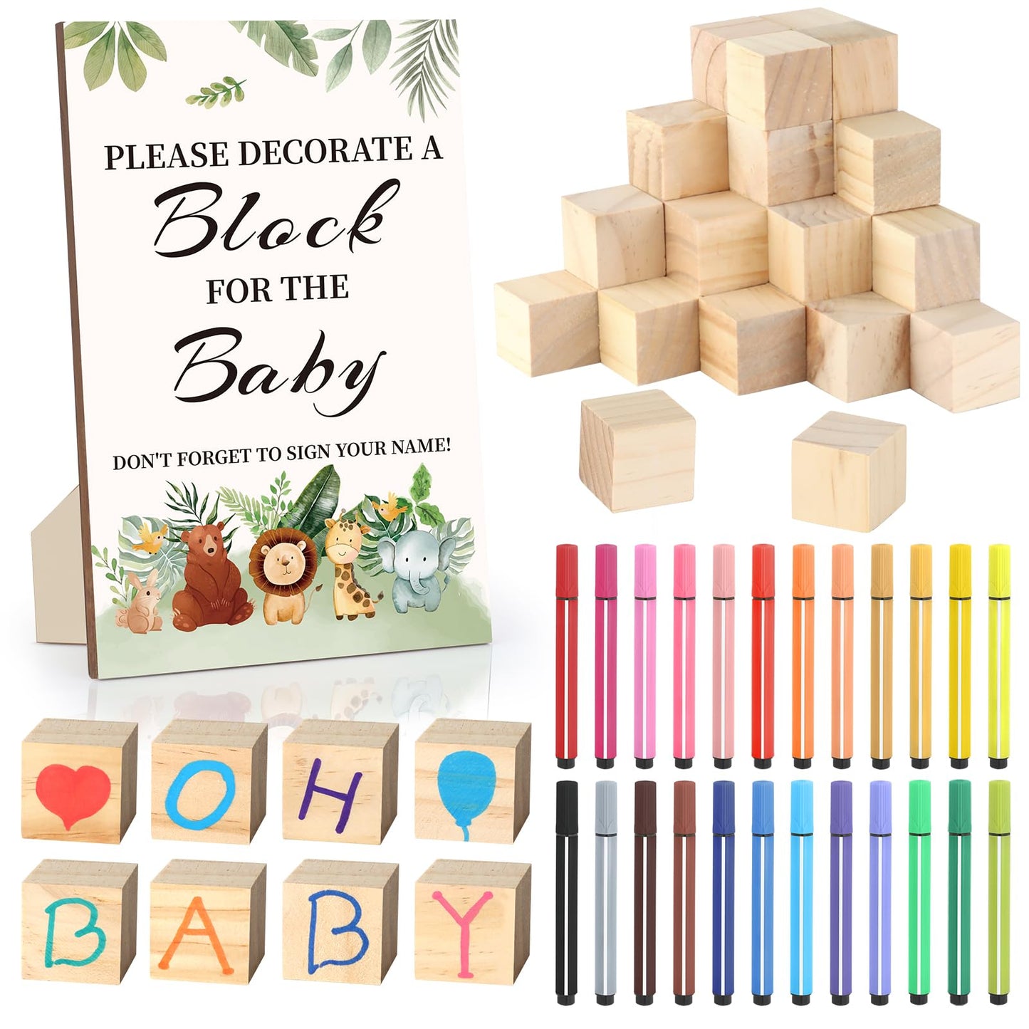 Baby Shower Games Sign Kit with 50 Blank Wooden Baby Blocks, 24 Acrylic Paint Marker and Wooden Sign, Blocks for Baby Shower, Gender Reveals Party(Green)