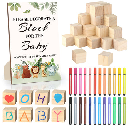 Baby Shower Games Sign Kit with 50 Blank Wooden Baby Blocks, 24 Acrylic Paint Marker and Wooden Sign, Blocks for Baby Shower, Gender Reveals Party(Green)