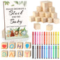 Baby Shower Games Sign Kit with 50 Blank Wooden Baby Blocks, 24 Acrylic Paint Marker and Wooden Sign, Blocks for Baby Shower, Gender Reveals Party(Green)