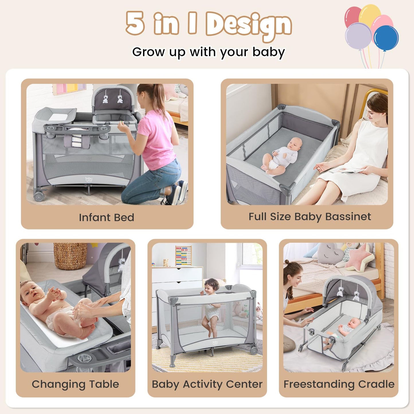BABY JOY 5 in 1 Pack and Play, Portable Baby Playard w/Bassinet & Diaper Changing Table, Infant Pink Bassinet Crib with Toys & Music & Oxford Bag for Baby Girl Toddlers (Pink + Purple, Starry Sky)