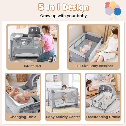 BABY JOY 5 in 1 Pack and Play, Portable Baby Playard w/Bassinet & Diaper Changing Table, Infant Pink Bassinet Crib with Toys & Music & Oxford Bag for Baby Girl Toddlers (Pink + Purple, Starry Sky)