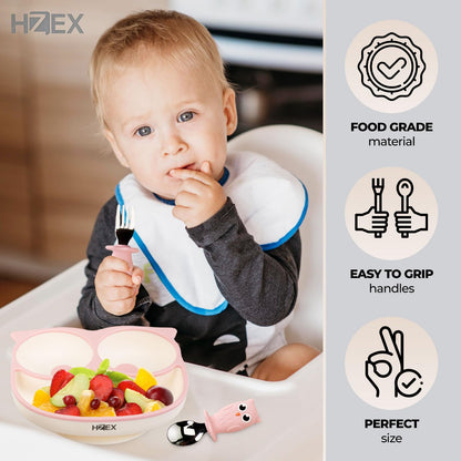 Owls Led Weaning Supplies, Toddler Silicone Feeding Set, Silicone Suction Bowls for Self Feeding, 2 Bowls, Spoon and Fork, Baby Feed Flatware and Dishwasher Safe (Green)