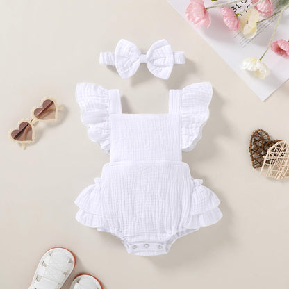 Happy Town Baby Girl Clothes Toddler Summer Linen Romper Sleeveless Ruffle Outfits Infant Girls Jumpsuit with Headband