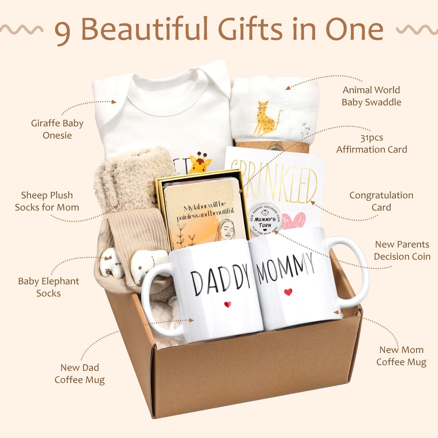 New Mom Gifts for Women, 9pcs Pregnancy Gifts for Expecting Mom, Cute Baby Gifts New Parents Gifts for Couples with Mom and Dad Mugs for Gender Reveal, Baby Shower, First Time Mom Gifts (Blue Gray)