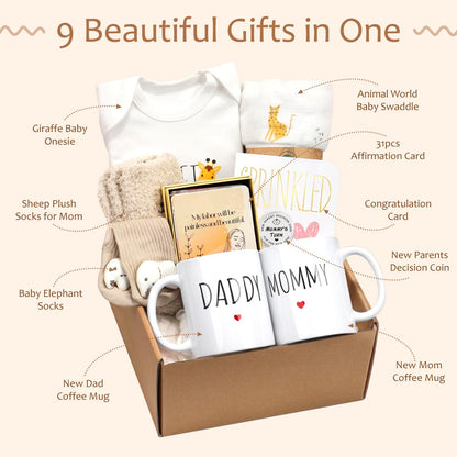 New Mom Gifts for Women, 9pcs Pregnancy Gifts for Expecting Mom, Cute Baby Gifts New Parents Gifts for Couples with Mom and Dad Mugs for Gender Reveal, Baby Shower, First Time Mom Gifts (Blue Gray)