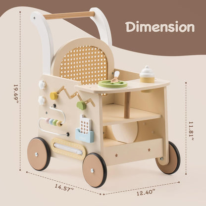 ROBOTIME Wooden Baby Walker, Baby Push Walker, Baby Activity Center Toys - Toddler Walking Activity Center Push Toys with Safety Brake, Baby Walker for Motor Skills (Rattan Doll Walker)