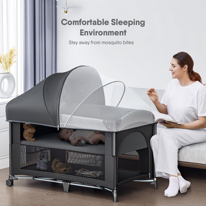 4 in 1 Baby Bassinet, Pack and Play, Bedside Crib Sleeper, Diaper Changer - Comes with Mattress, Mosquito Net，Bottom Storage and Toy Bar for Newborn to Toddles