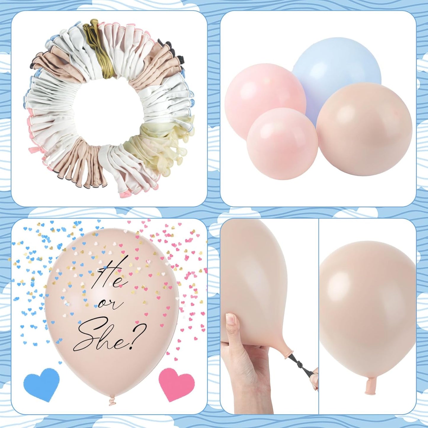 Amandir 185Pcs Gender Reveal Decorations, Double-Stuffed Pastel Pink and Blue Brown Nude Balloon Arch Kit White Cloud Hanging Moon Star Garland Boho Neutral Boy or Girl Bear Baby Shower Party Supplies