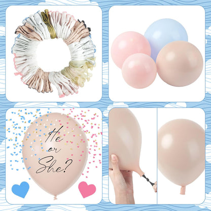 Amandir 185Pcs Gender Reveal Decorations, Double-Stuffed Pastel Pink and Blue Brown Nude Balloon Arch Kit White Cloud Hanging Moon Star Garland Boho Neutral Boy or Girl Bear Baby Shower Party Supplies