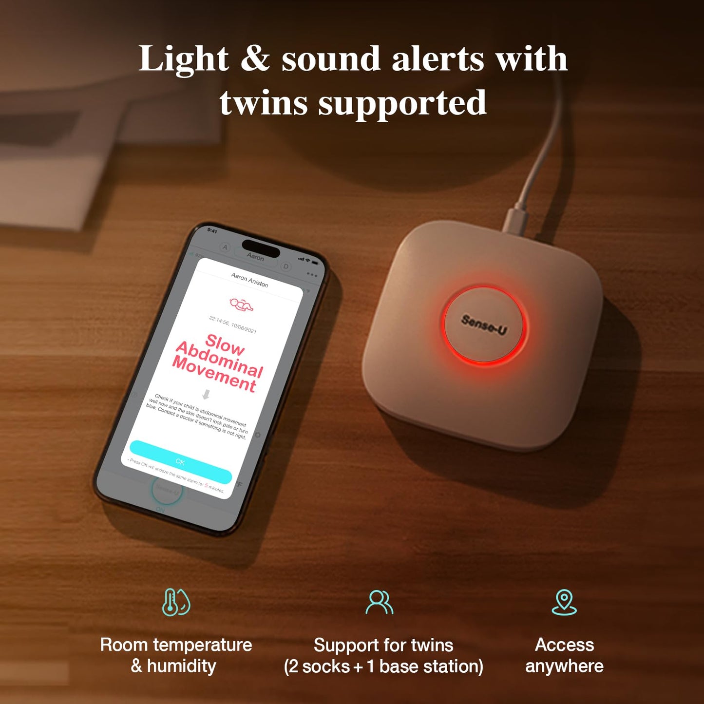 Sense-U Pro Baby Movement Monitor with Arousal Vibration, Movement/Rollover/Overheating Alerts, Audible & App Notifications, Easy Clip-On Design, Smart Sleep Monitor, FSA/HSA Eligible