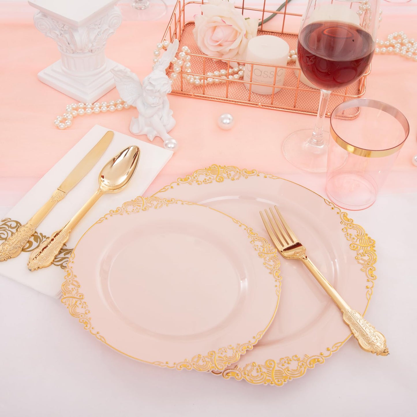 Morejoy 175PCS Rose Gold & Silver Plastic Dinnerware Set: 25 Plates, 25 Forks, 25 Knives, 25 Spoons, 25 Cups, 25 Napkins - Perfect for Wedding & Party