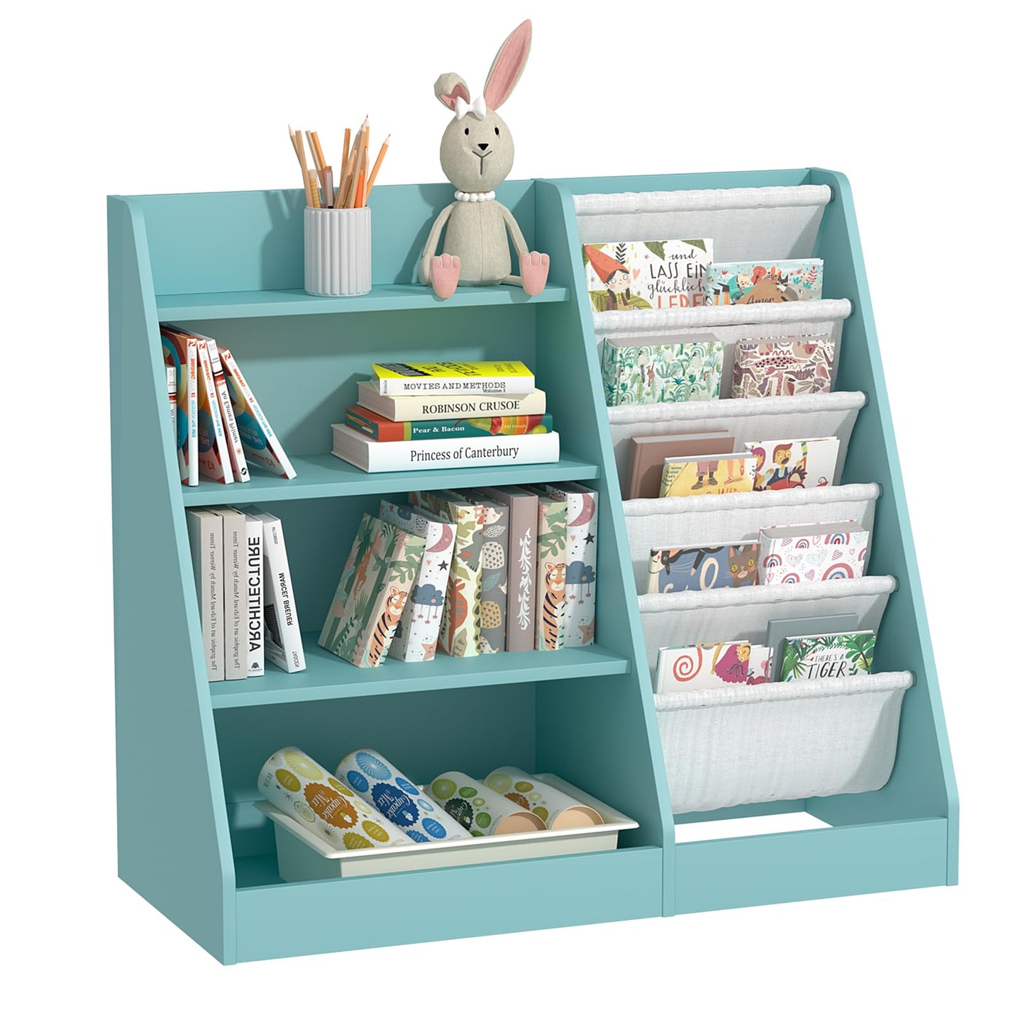 White Kids Bookshelf Wood Toy Storage Organizer Cabinet Children Bookcase Toddler Baby Sling Book Rack 3 Cube Bins Fabric Drawers for Playroom Bedroom Nursery School