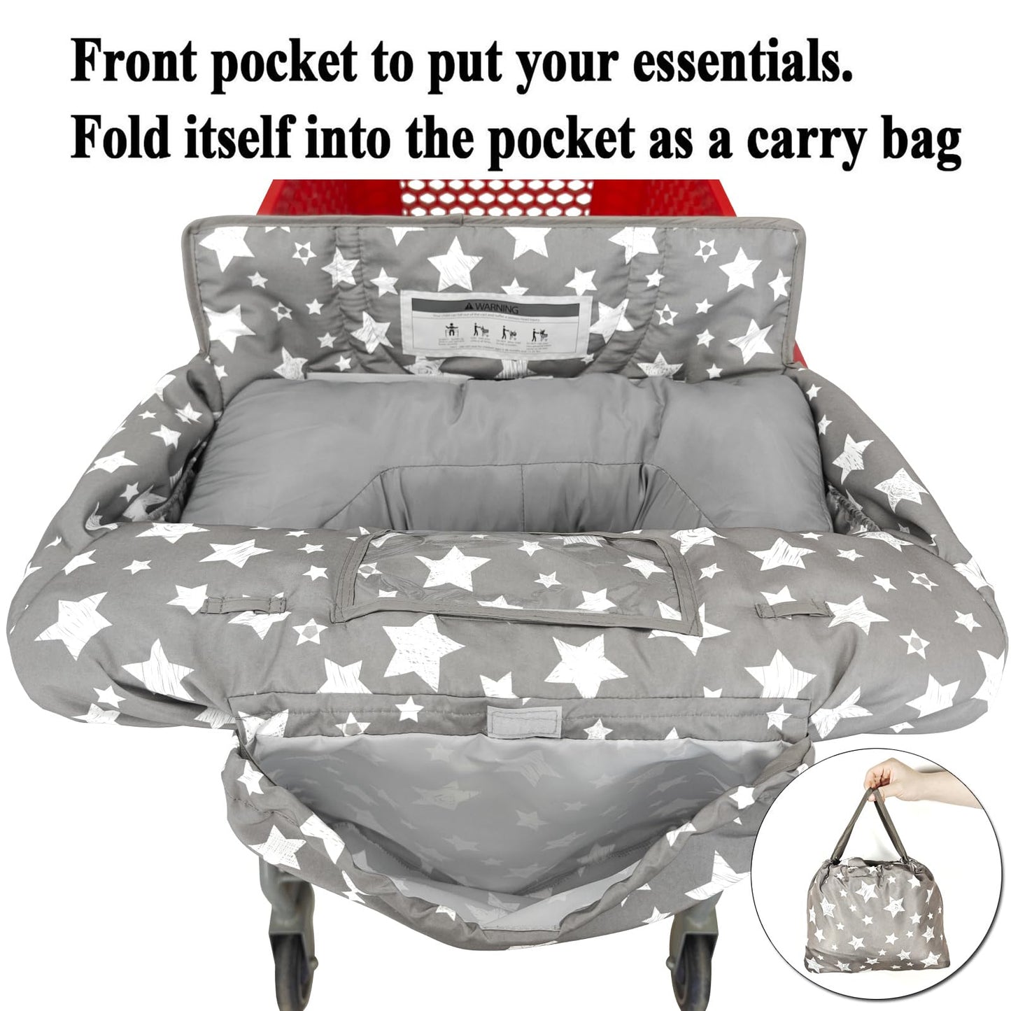 Soft Pillow Attached 2-in-1 Shopping Cart and High Chair Cover for Baby, Cotton Padded Cart Cover, Fold'n Roll Style, Portable with Carry Bag (Blue Elephant)