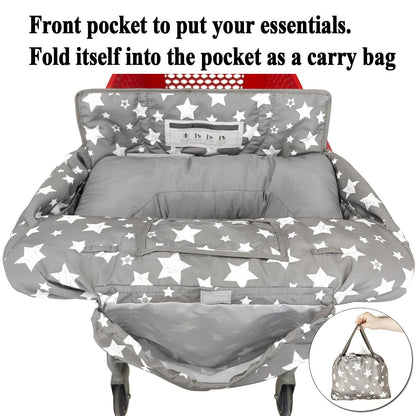 Soft Pillow Attached 2-in-1 Shopping Cart and High Chair Cover for Baby, Cotton Padded Cart Cover, Fold'n Roll Style, Portable with Carry Bag (Blue Elephant)