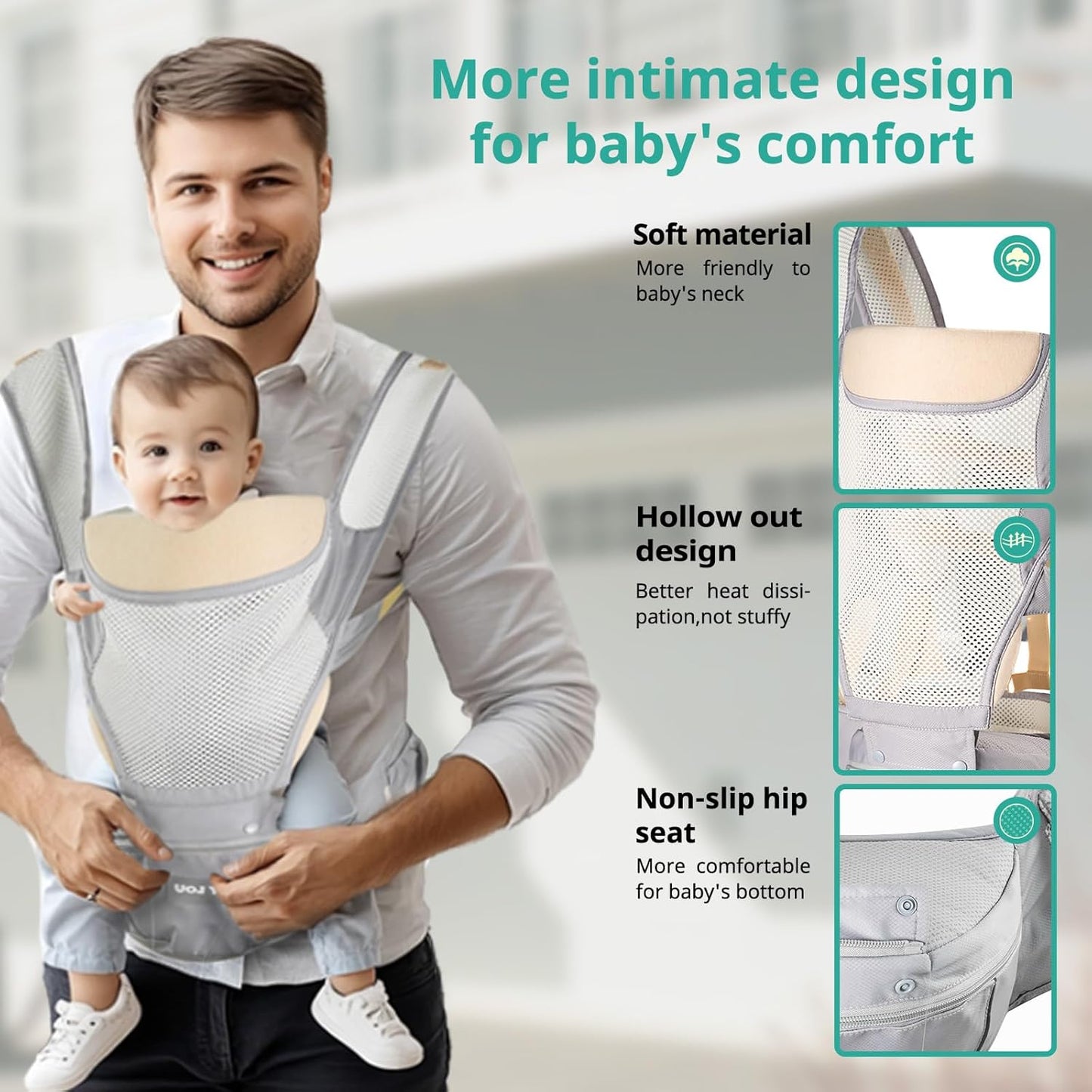 Baby Carrier Adjustable Newborn to Toddler 6-in-1 Detachable Hip Seat Carrier with Breathable & Wider Support, Baby Gear Pockets, Ergonomic Design for Dad - Infant Carrier 25-60 lbs