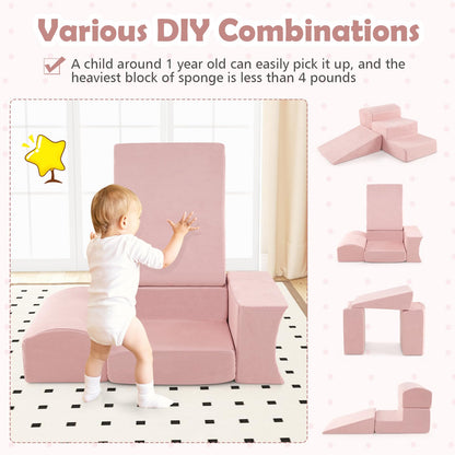 HONEY JOY Toddler Climbing Toys Indoor, 5-Piece Soft Foam Climbing Blocks w/Ball Pit, Washable Baby Playtime Playground Set, Modular Structure Gym Equipment, Kids Climb and Crawl Playset, Gift (Pink)
