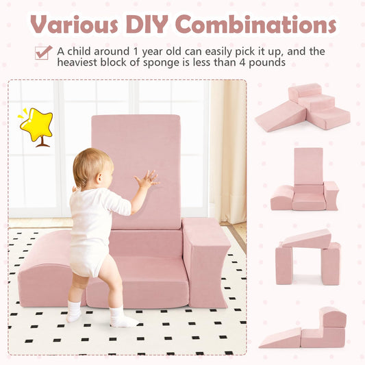 HONEY JOY Toddler Climbing Toys Indoor, 5-Piece Soft Foam Climbing Blocks w/Ball Pit, Washable Baby Playtime Playground Set, Modular Structure Gym Equipment, Kids Climb and Crawl Playset, Gift (Pink)