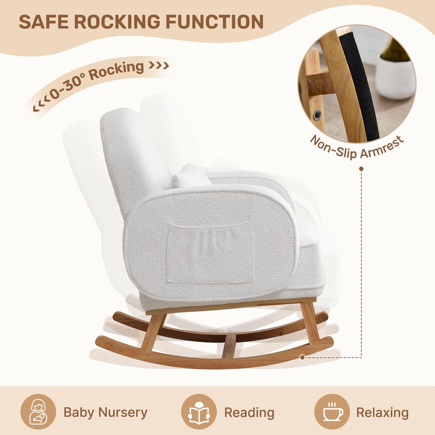 Rocking Chair with Ottoman, Upholstered Glider Rocker with High Backrest and Side Pocket, Rocking Accent Armchair with Solid Wood Legs for Nursery, Living Room, Bedroom Green