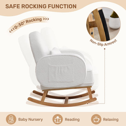 Rocking Chair with Ottoman, Upholstered Glider Rocker with High Backrest and Side Pocket, Rocking Accent Armchair with Solid Wood Legs for Nursery, Living Room, Bedroom Green