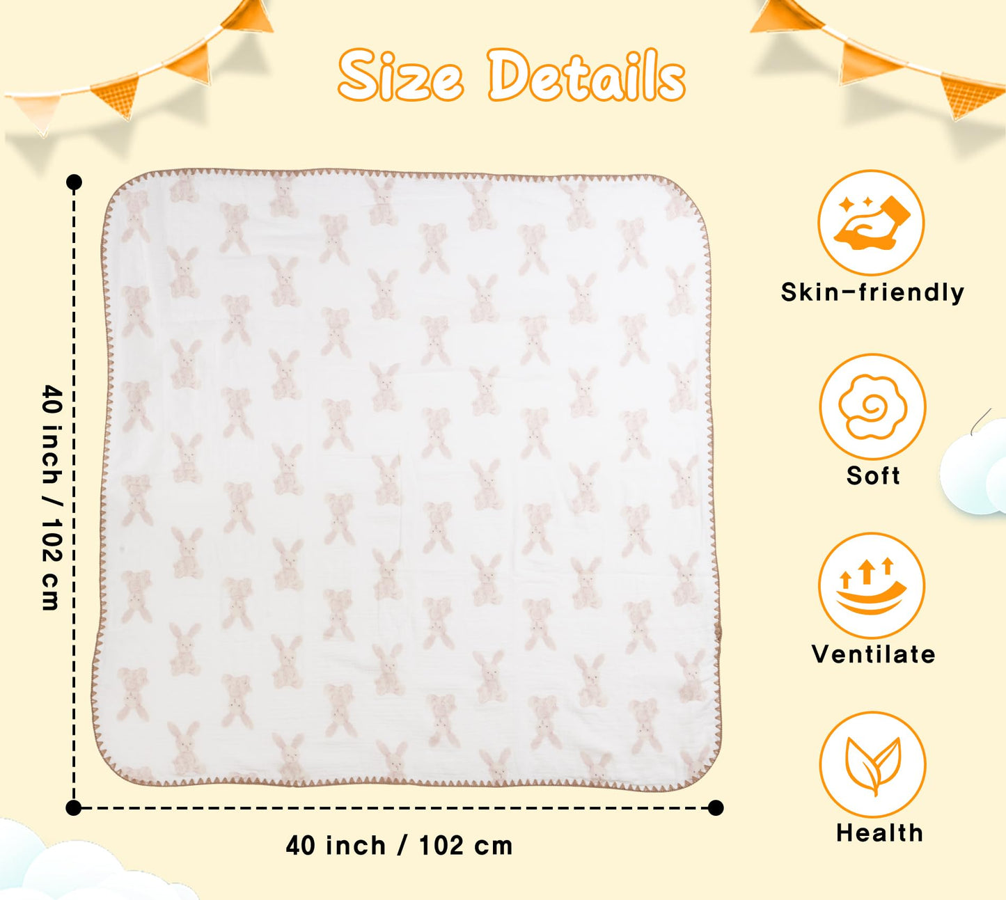 Baby Blanket Double Layer Cotton 40 x 40 Soft Receiving Blanket with Pattern Machine Washable Brown Bear