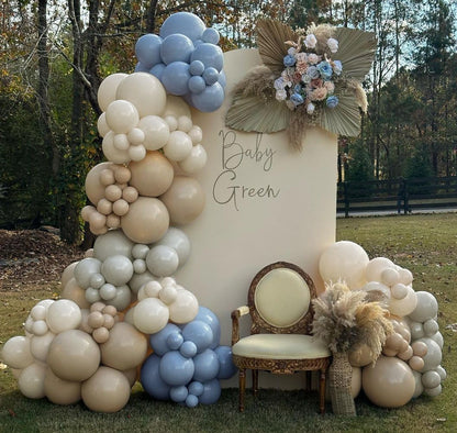 Dusty Blue Brown Balloon Garland Double Stuffed Blue Tan Balloons White Sand Grey Latex Balloons Neutral Balloon Arch Kit For Teddy Bear Baby Shower Boho Birthday Gender Reveal Party Decorations