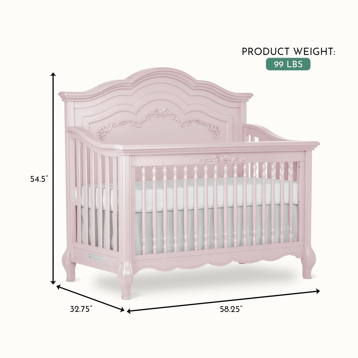 Evolur Aurora 5-in-1 Convertible Crib in Ivory Lace, Greenguard Gold Certified, Features 3 Mattress Height Settings, Sturdy and Spacious Baby Crib, Wooden Furniture