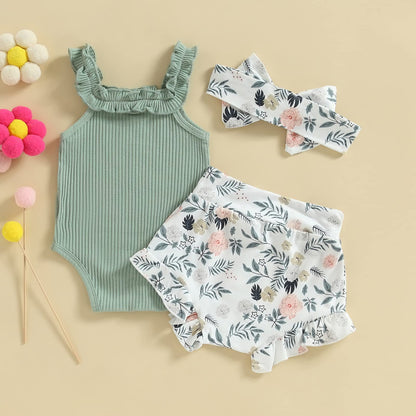 Murnouche Newborn Baby Girl Summer Clothes Sleeveless Floral Top Ribbed Shorts Boho Outfit Set