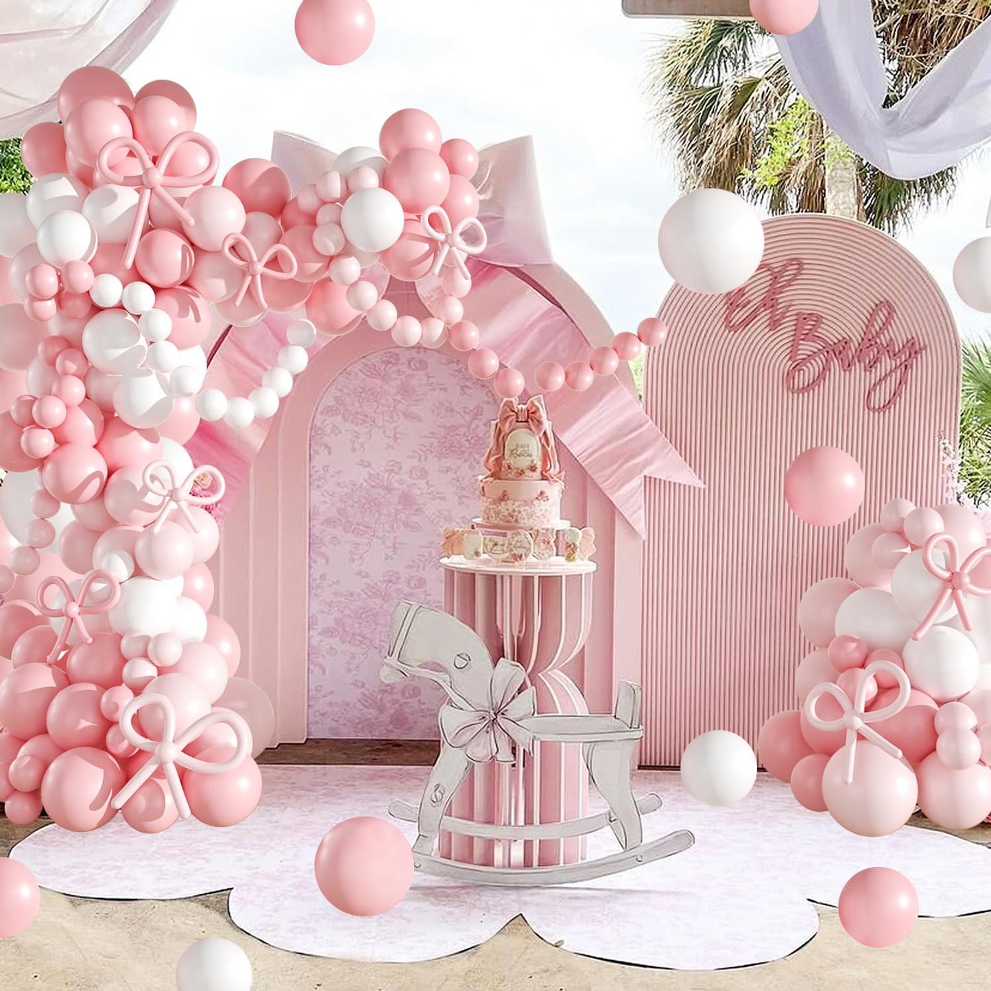 Pink Balloon Garland Arch Kit, Coquette Birthday Decorations 176Pcs Bow Long Balloons White and Pink Different Sizes for Wedding Bridal Baby Shower Bachelorette Party