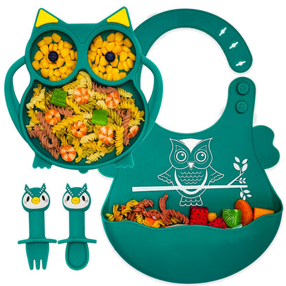 Silicone Suction Plates for Baby Toddler with Spoon Fork set Divided Dinosaurs Plates Self Feeding Training Baby Dinner Plate-Green Dinosaurs Plate Set