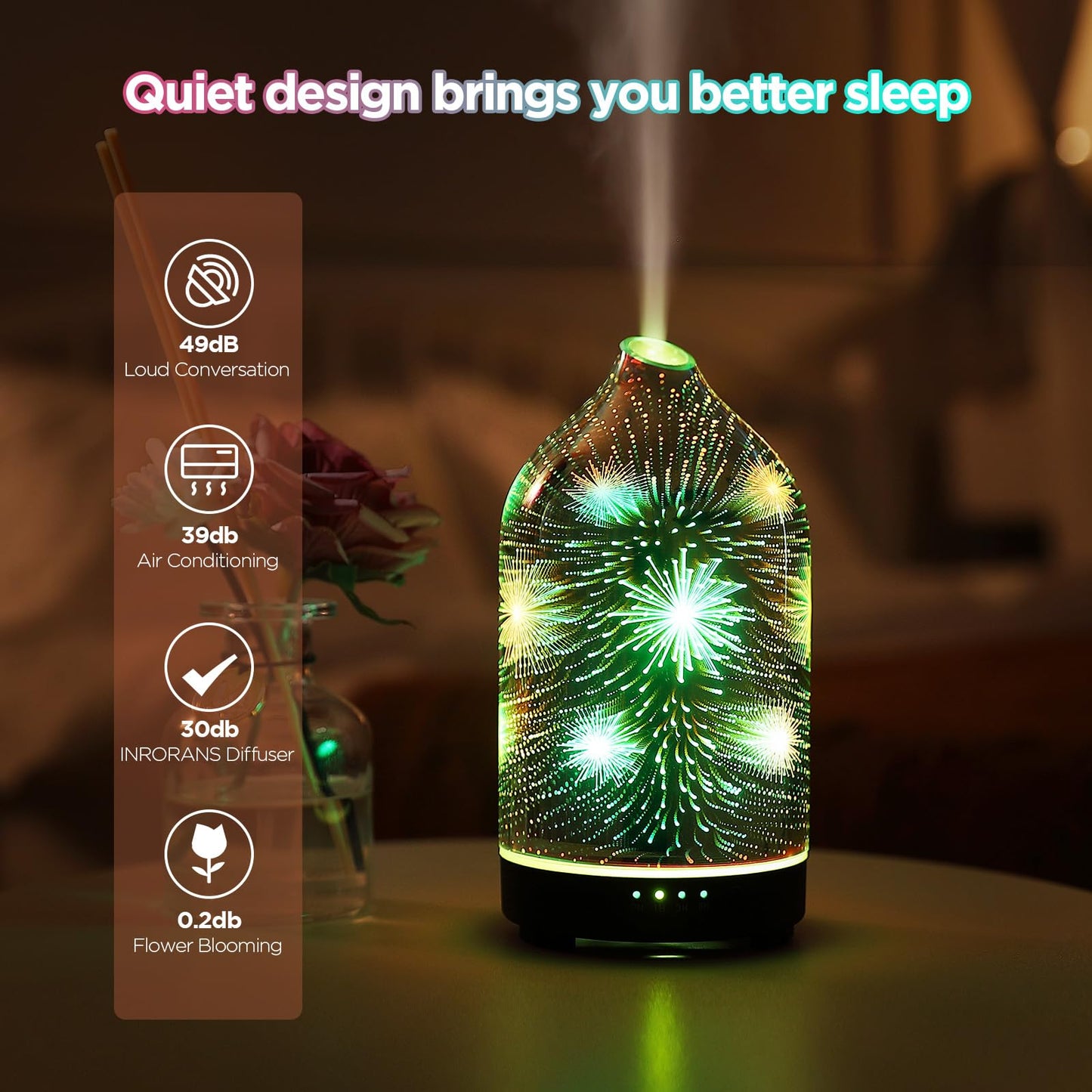 Essential Oil Diffuser Hand Blown Glass Aromatherapy Diffuser - Ultrasonic Cool Mist Scent Aroma Diffuser, Whisper Quiet with Auto Shut-Off, Timer Setting &7 Colors Night Light for Home