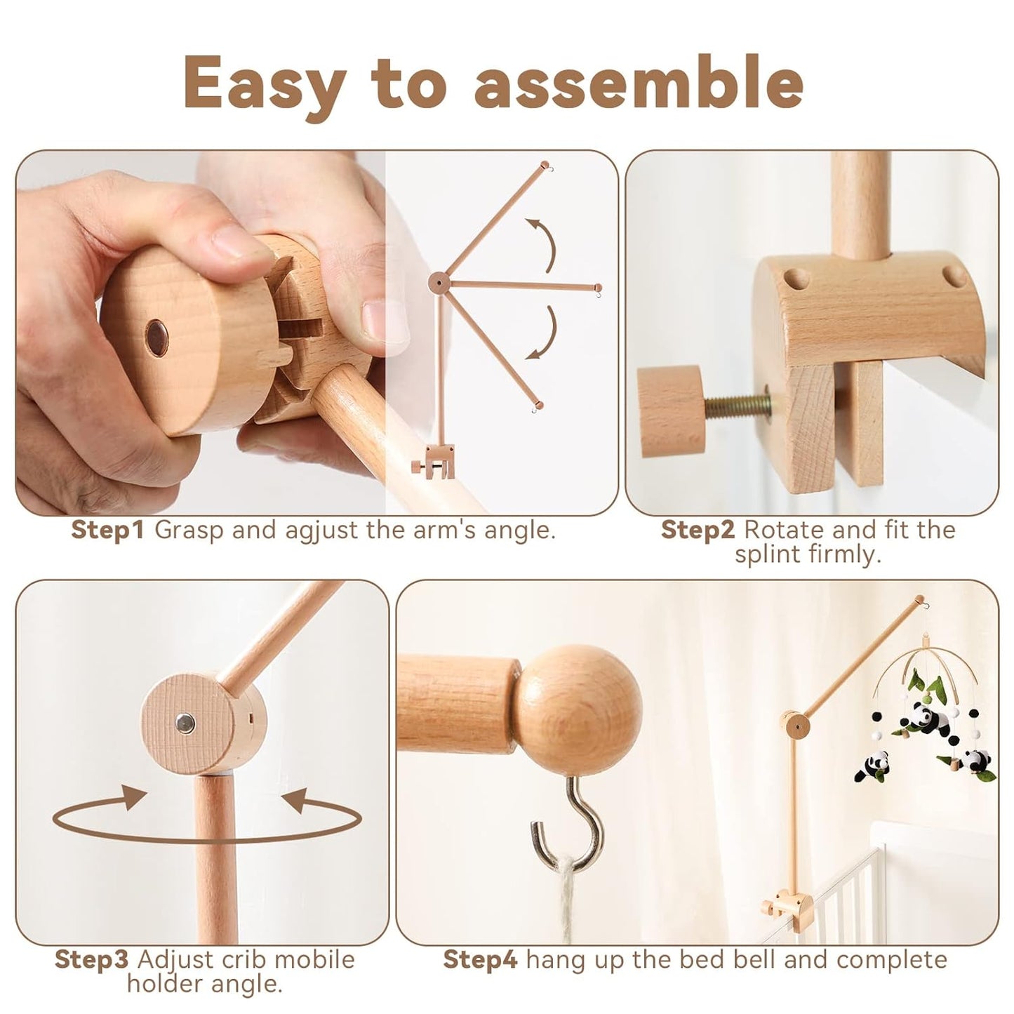 Wooden Crib Mobile Arm | Baby Crib Mobile Arm Wooden Holder | Rotatable Adjustable Anti Slip Attachment Clamp for Sturdy Mobile Hanger (Curved Arm)
