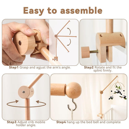Wooden Crib Mobile Arm | Baby Crib Mobile Arm Wooden Holder | Rotatable Adjustable Anti Slip Attachment Clamp for Sturdy Mobile Hanger (Curved Arm)