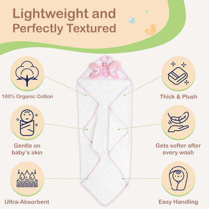 Mother's Choice Baby Hooded Towel - Large 33x33 Inch, 100% Cotton, Ultra-Soft & Absorbent Bath Towel for Newborns, Infants, Boys & Girls (Butterfly)