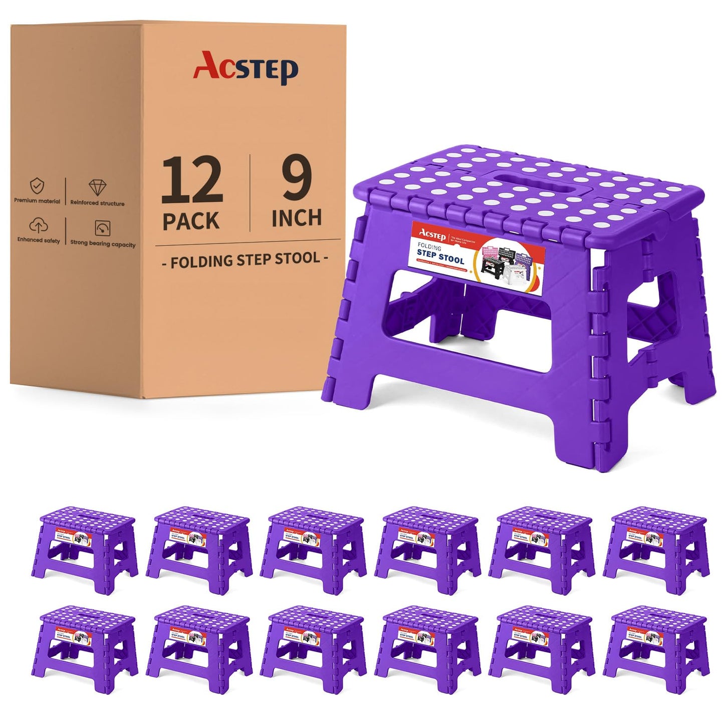 ACSTEP Folding Step Stool 9'' Tall Kids Step Stool Holds Up to 300 lb Plastic Foldable Step Stools for Kids Non-Slip Surface with Carry Handle Collapsible Stool for Home, Outdoor and Indoor(Black)