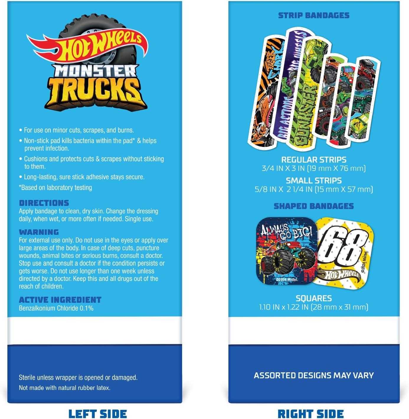 Hot Wheels Monster Trucks Antibacterial Kids Bandages, 3 Assorted Sizes 100 CT | Wear Like Stickers, Flexible Adhesive Bandages for Minor Cuts, Scrapes, and Burns. Great Gift idea for Kids