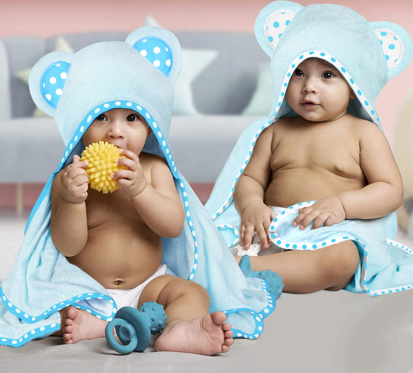 Set of 2 Hooded Baby Towels – White and Grey – Luxurious, Large and Super Absorbent – 30 x 30 Inch – Soft and Suitable for Infants, Toddlers and Kids – 400 GSM